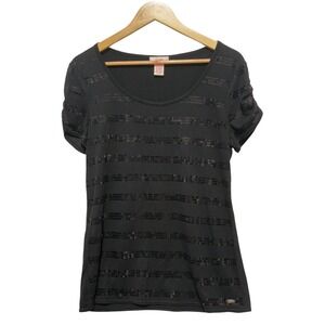 Candies Womens Embellished Top XL Black Sequin Stripe Scoop Neck Party Y2K Retro